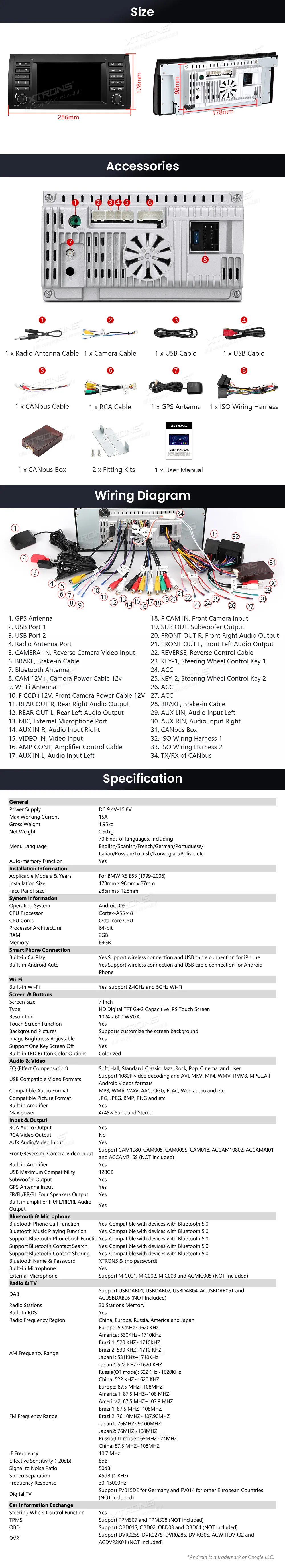 BMW X5 E53 | Android OS | 7 inch | 2GB/64GB/8Core | Multimedija Xtrons IDS7053BL
