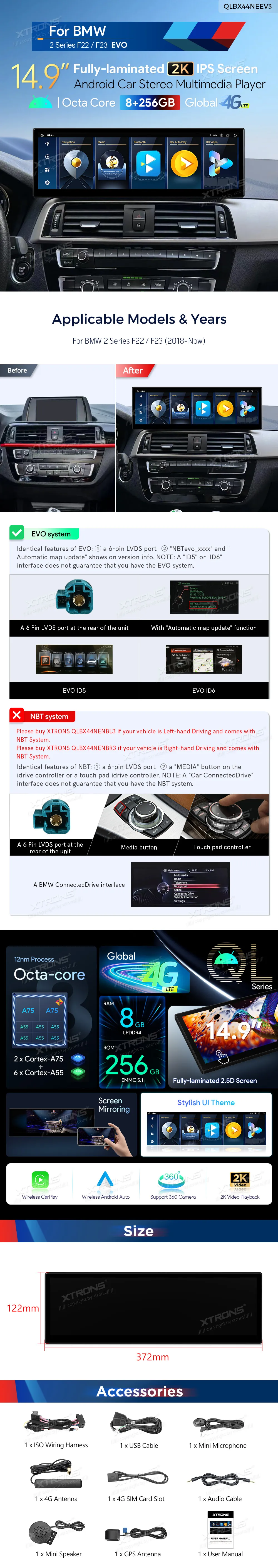 BMW 2 F22 F23 EVO | Android OS | 14.9 inch | 8GB/256GB/8Core | Multimedija Xtrons QLBX44NEEV3