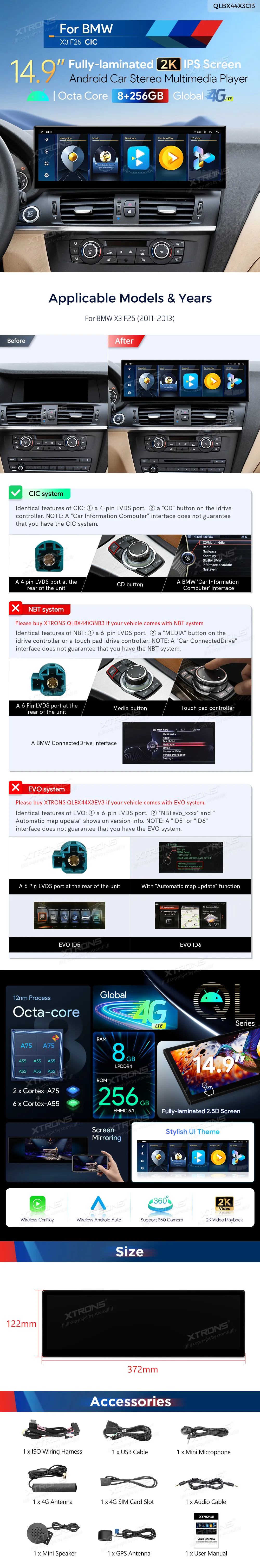 BMW X3 F25 CIC | Android OS | 14.9 inch | 8GB/256GB/8Core | Multimedija Xtrons QLBX44X3CI3