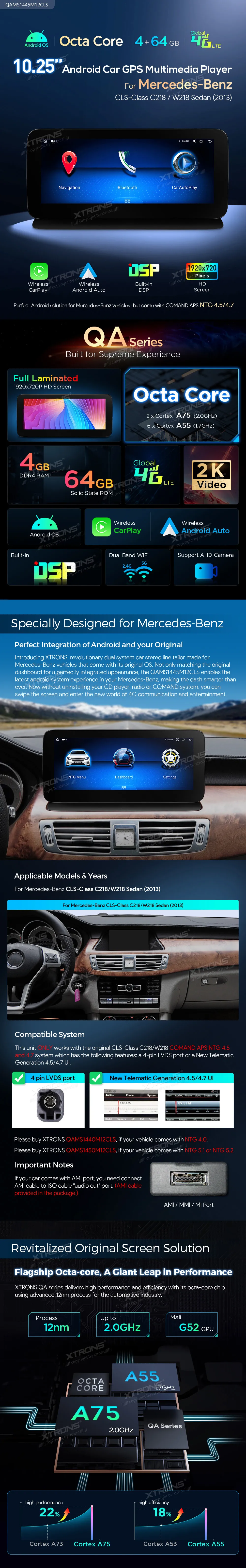 MB CLS C218/W218 NTG 4.5/4.7 | Android OS | 10.25 inch | 4GB/64GB/8Core | Multimedija Xtrons QAMS1445M12CLS