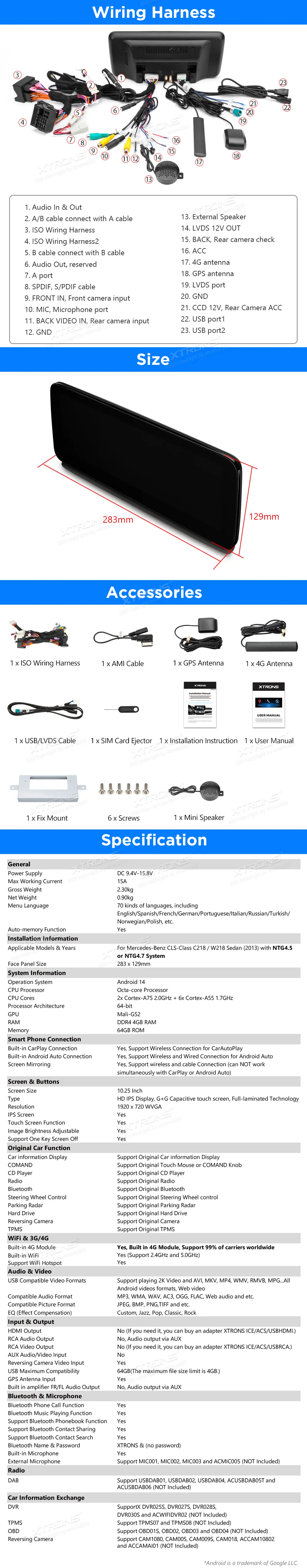 MB CLS C218/W218 NTG 4.5/4.7 | Android OS | 10.25 inch | 4GB/64GB/8Core | Multimedija Xtrons QAMS1445M12CLS