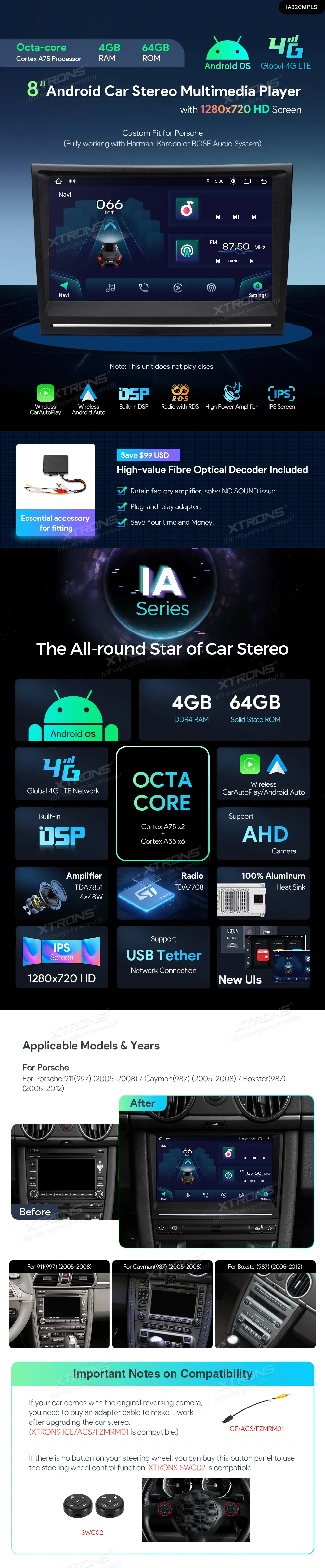 Porsche 911/Cayman/Boxster 2005-2012 | Android OS | 8 inch | 4GB/64GB/8Core | Multimedija Xtrons IA82CMPLS