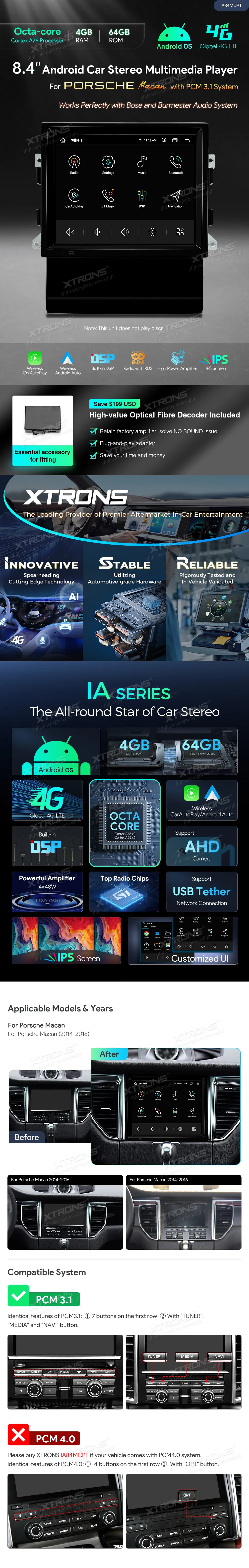 Porsche Macan 2014-2016 PCM 3.1 | Android OS | 8.4 inch | 4GB/64GB/8Core | Multimedija Xtrons IA84MCPT