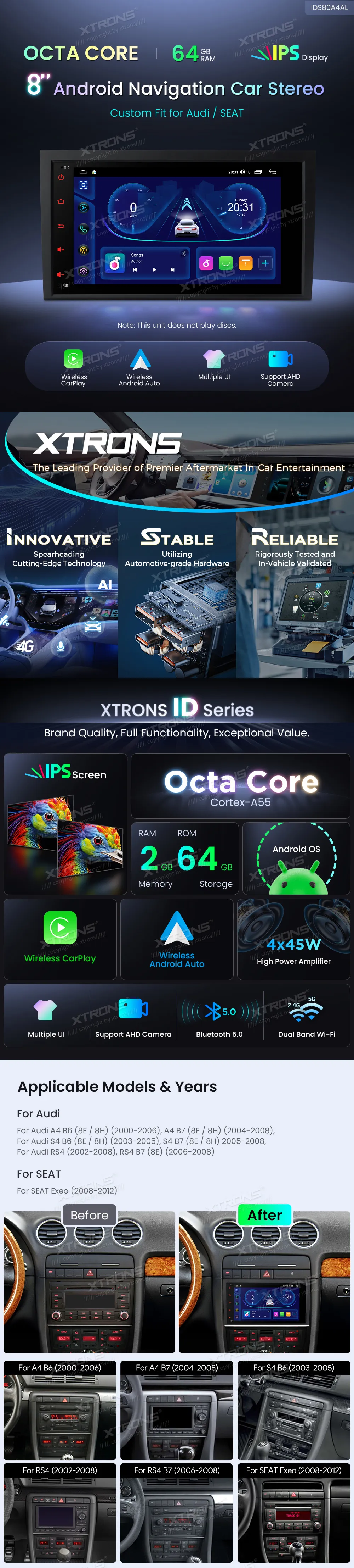 Audi A4 S4 RS4 / SEAT Exeo | Android OS | 8inch | 2GB/64GB/8Core | Multimedija Xtrons IDS80A4AL