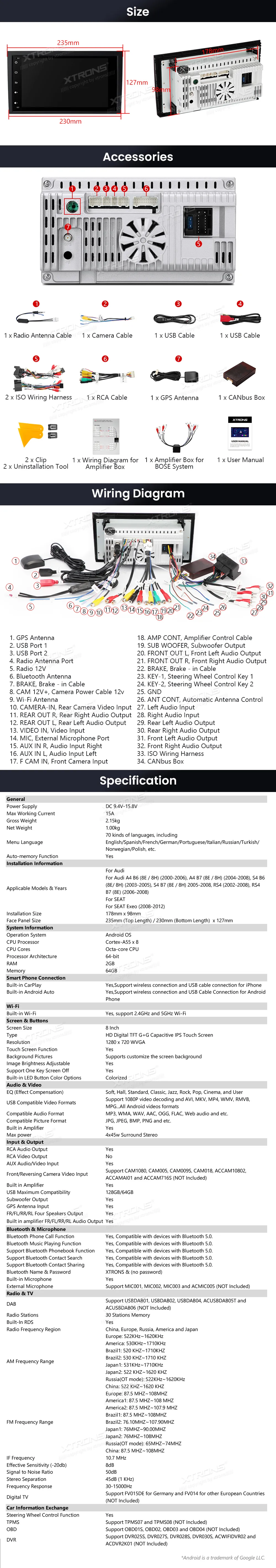Audi A4 S4 RS4 / SEAT Exeo | Android OS | 8inch | 2GB/64GB/8Core | Multimedija Xtrons IDS80A4AL