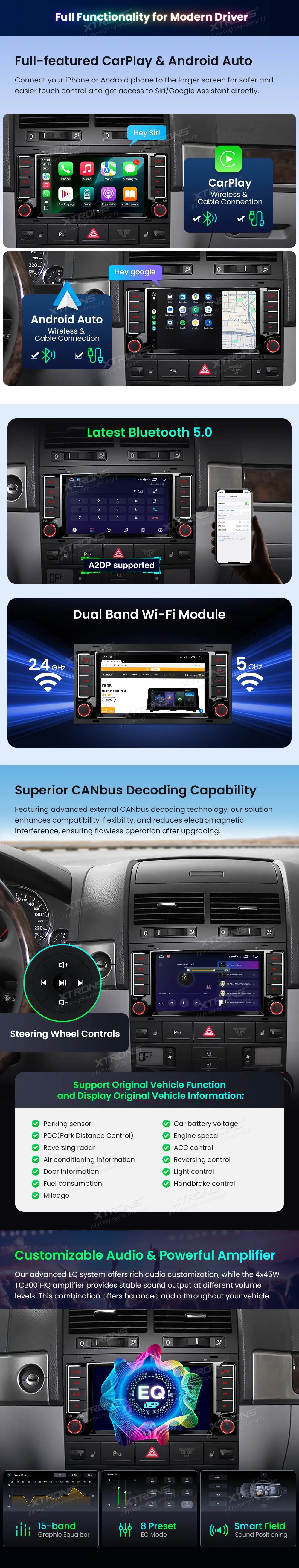 7 inch Octa Core Android Navigation Car Stereo 4G LTE 4+64GB DSP RDS IPS Display for Volkswagen Touareg  Special Features *UNISOC Octa Core Cortex-A55 with 4GB RAM and 64GB ROM *Latest Android OS *Built-in 4G LTE, Support Carriers in Asia & Europe *Built-in EQ DSP *Smart UI Design with Extensive Customization Options *Versatile UI Themes Available for Download *7 inch 1024x600P Grade-A HD IPS Screen *1080P Video Playback *Built-in Wireless & Cable Connection CarPlay and Android Auto *Latest Bluetooth 5.0 -A2DP supported *Dual Band WiFi Module (2.4GHz & 5GHz) *Optimized CANbus Decoding *Steering Wheel Controls *STMicroelectronics TCB001HQ Amplifier 4x45W *STMicroelectronics SI4755 Radio with RDS *Accurate GPS Navigation *Support AHD Camera *Built-in 2 USB Ports *PIP Mode Enabled *Efficient Cooling System *Optional Features (Extra Accessories Needed) -OBD, Camera, DVR, DAB, TPMS, Keyboard and Microphone