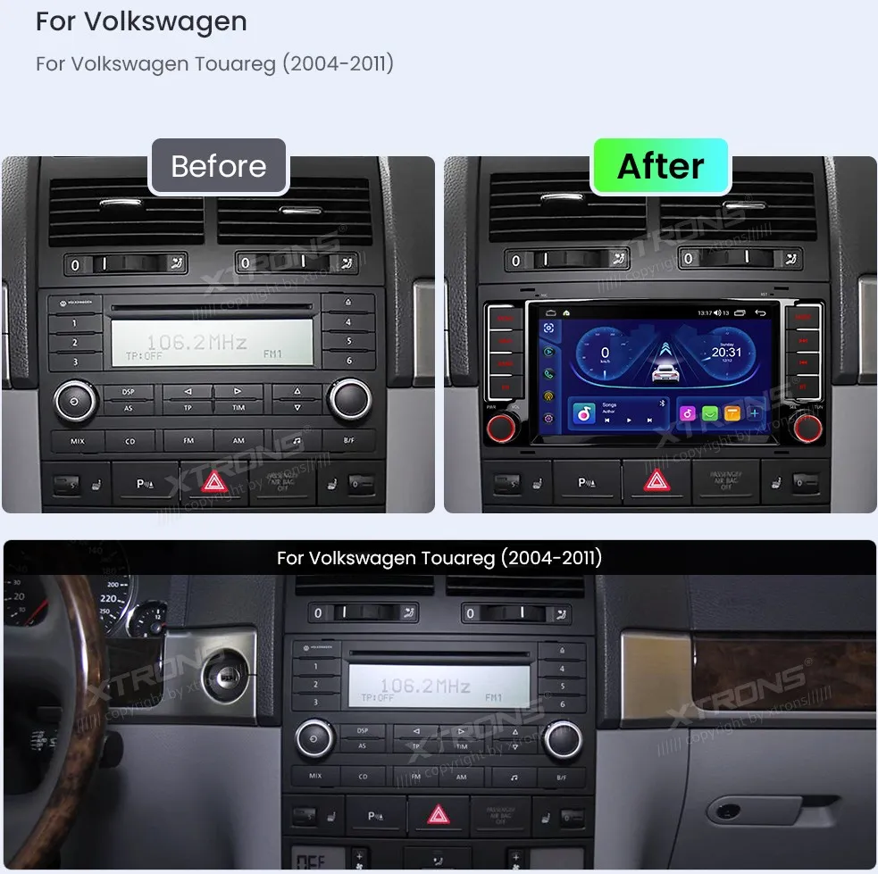 7 inch Octa Core Android Navigation Car Stereo 4G LTE 4+64GB DSP RDS IPS Display for Volkswagen Touareg  Special Features *UNISOC Octa Core Cortex-A55 with 4GB RAM and 64GB ROM *Latest Android OS *Built-in 4G LTE, Support Carriers in Asia & Europe *Built-in EQ DSP *Smart UI Design with Extensive Customization Options *Versatile UI Themes Available for Download *7 inch 1024x600P Grade-A HD IPS Screen *1080P Video Playback *Built-in Wireless & Cable Connection CarPlay and Android Auto *Latest Bluetooth 5.0 -A2DP supported *Dual Band WiFi Module (2.4GHz & 5GHz) *Optimized CANbus Decoding *Steering Wheel Controls *STMicroelectronics TCB001HQ Amplifier 4x45W *STMicroelectronics SI4755 Radio with RDS *Accurate GPS Navigation *Support AHD Camera *Built-in 2 USB Ports *PIP Mode Enabled *Efficient Cooling System *Optional Features (Extra Accessories Needed) -OBD, Camera, DVR, DAB, TPMS, Keyboard and Microphone
