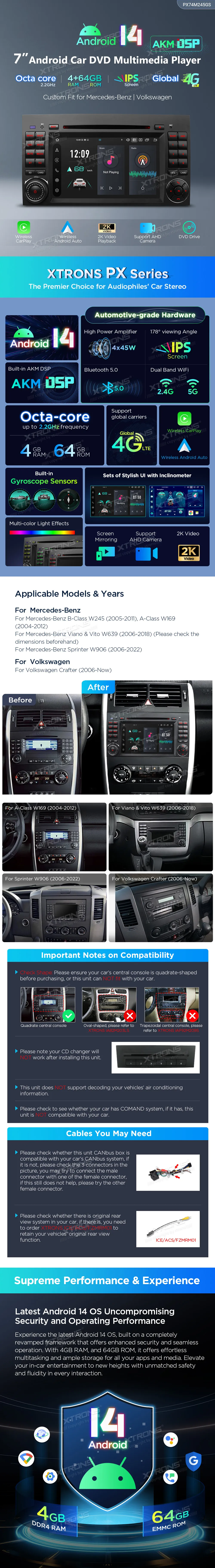 VW Crafter MB A / B / Vito / Sprinter | Android 14 | 7 inch | 4GB/64GB/8Core | Multimedija Xtrons PX74M245GS