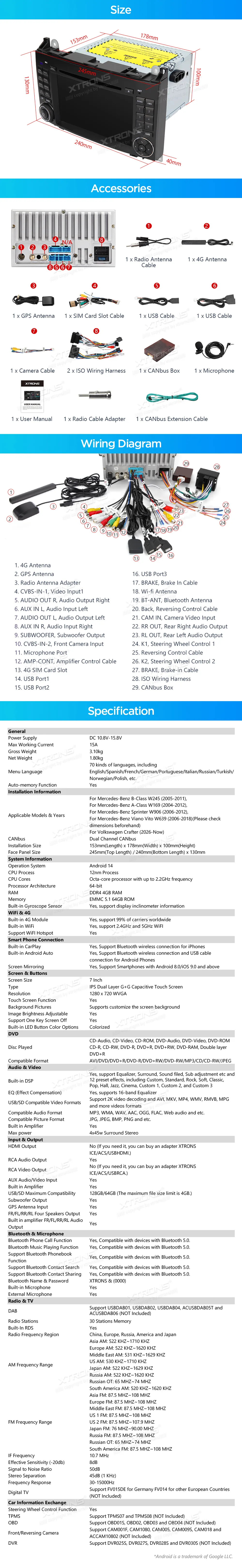 VW Crafter MB A / B / Vito / Sprinter | Android 14 | 7 inch | 4GB/64GB/8Core | Multimedija Xtrons PX74M245GS