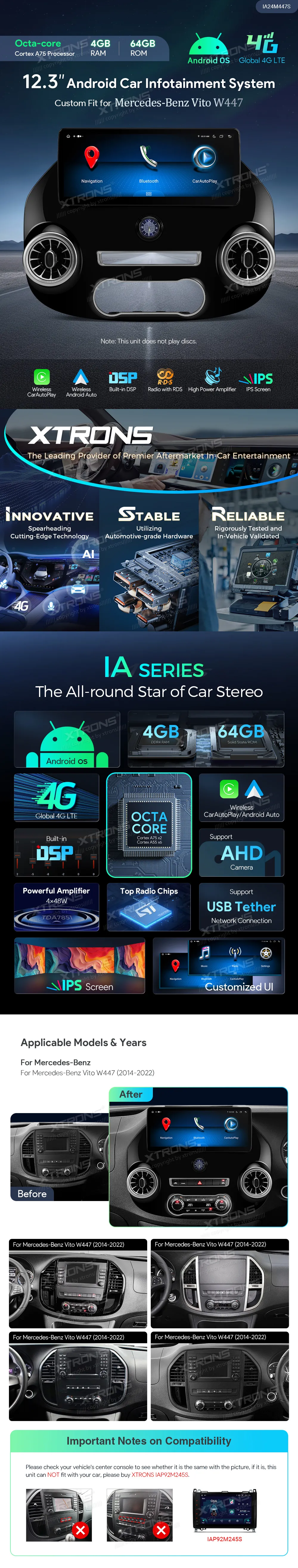 MB E Vito W447 2014-2022 | Android OS | 12.3 inch | 4GB/64GB/8Core | Multimedija Xtrons IA24M447S