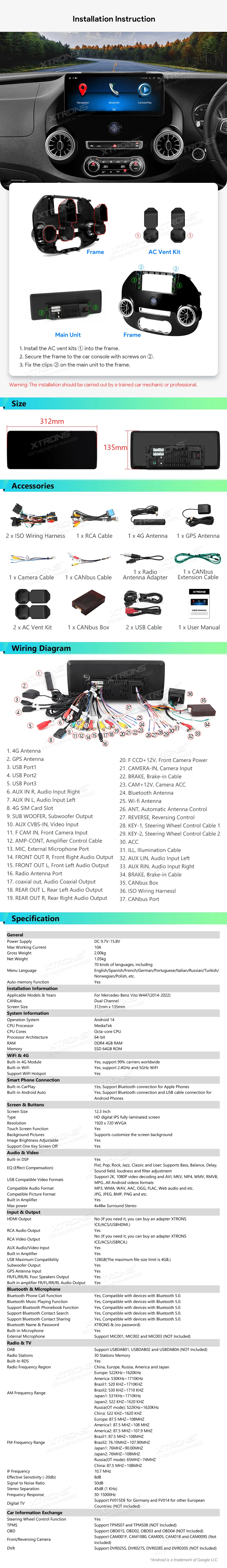 MB E Vito W447 2014-2022 | Android OS | 12.3 inch | 4GB/64GB/8Core | Multimedija Xtrons IA24M447S