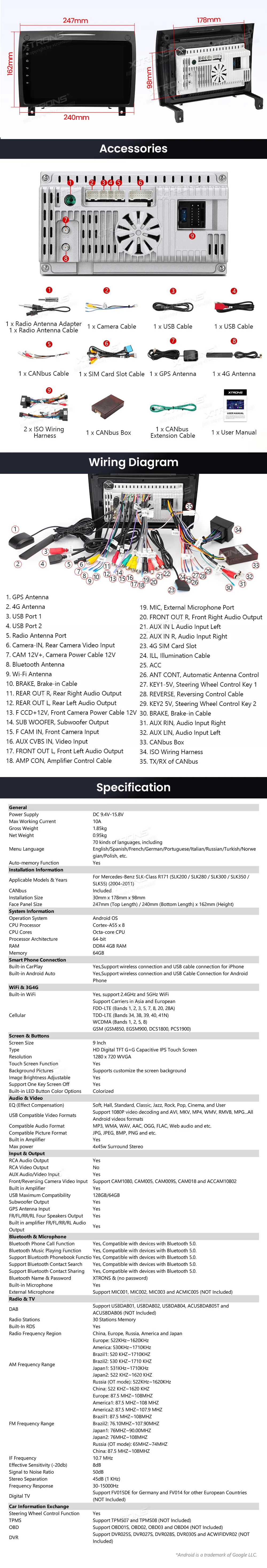 MB SLK R171 2004-2011 | Android OS | 9 inch | 4GB/64GB/8Core | Multimedija Xtrons IDP90M350