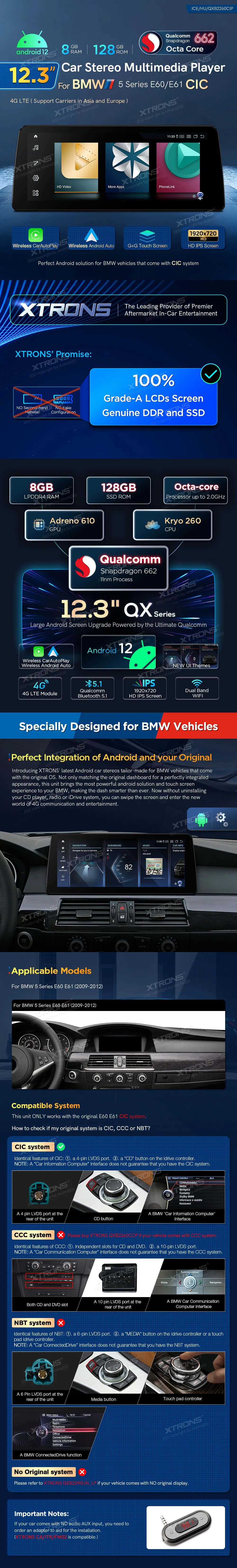 BMW E60 E61 CIC | Android 12 | 12.3 inch | 8GB/128GB/8Core Snapdragon 662 | Multimedija Xtrons QXB2260CIP