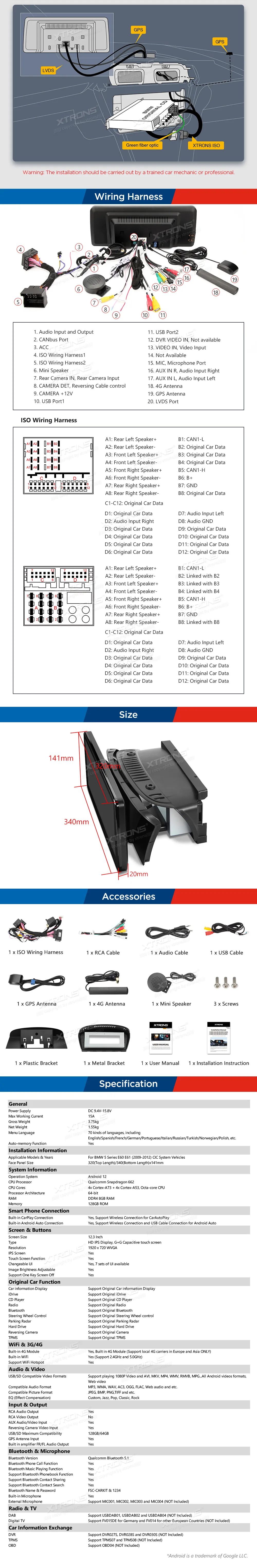 BMW E60 E61 CIC | Android 12 | 12.3 inch | 8GB/128GB/8Core Snapdragon 662 | Multimedija Xtrons QXB2260CIP