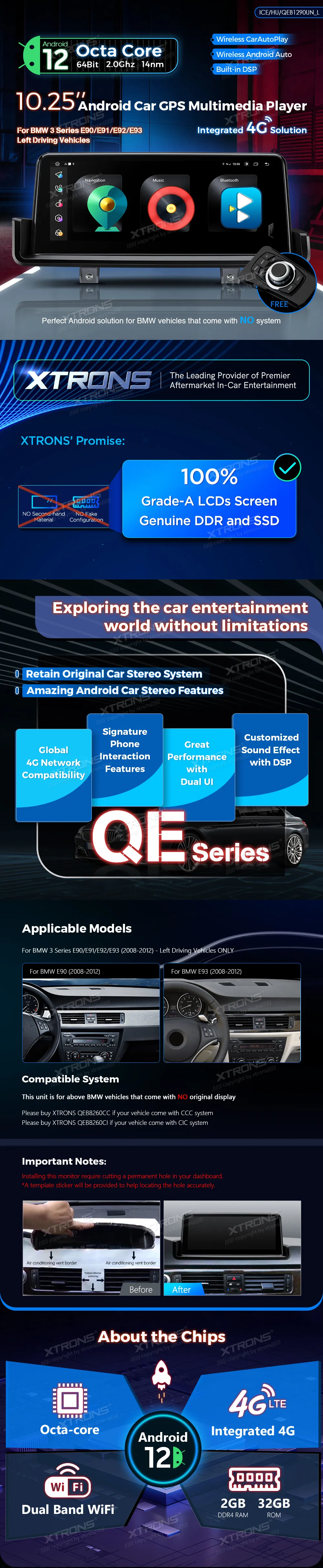 BMW E90 E91 E92 E93 be ekrano | Android 12 | 10.25 inch | 2GB/32GB/8Core| Multimedija Xtrons QEB1290UN_L