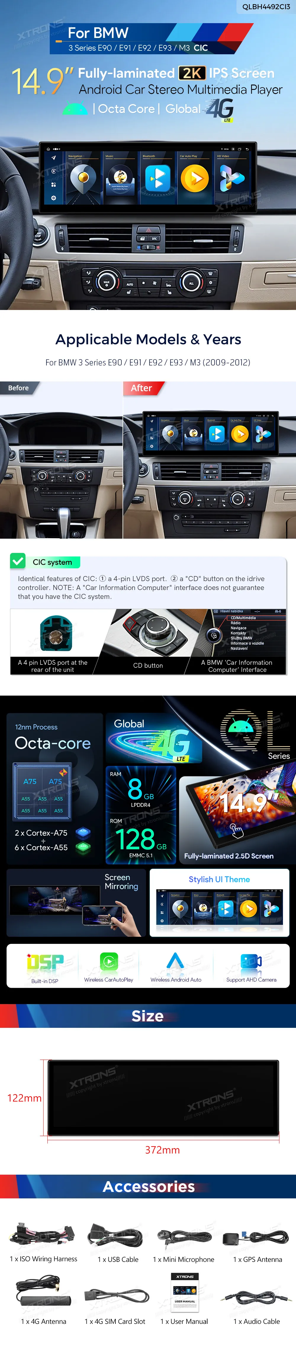 BMW E90 E91 E92 E93 CIC | Android OS | 14.9 inch | 8GB/128GB/8Core| Multimedija Xtrons QLBH4492CI3