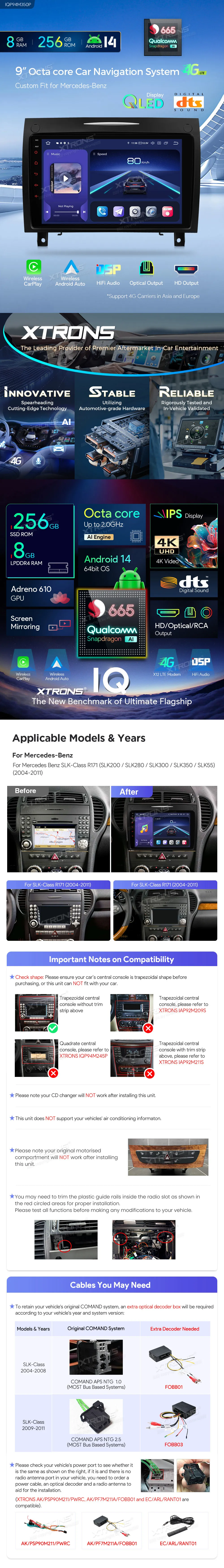 MB SLK R171 2004-2011 | Android 14 | 9 inch QLED | 8GB/256GB/8Core Snapdragon 665 | Multimedija Xtrons IQP94M350P