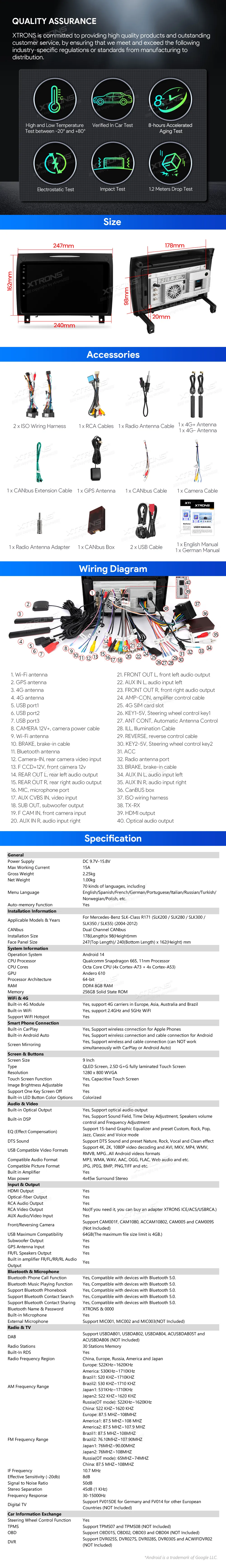 MB SLK R171 2004-2011 | Android 14 | 9 inch QLED | 8GB/256GB/8Core Snapdragon 665 | Multimedija Xtrons IQP94M350P