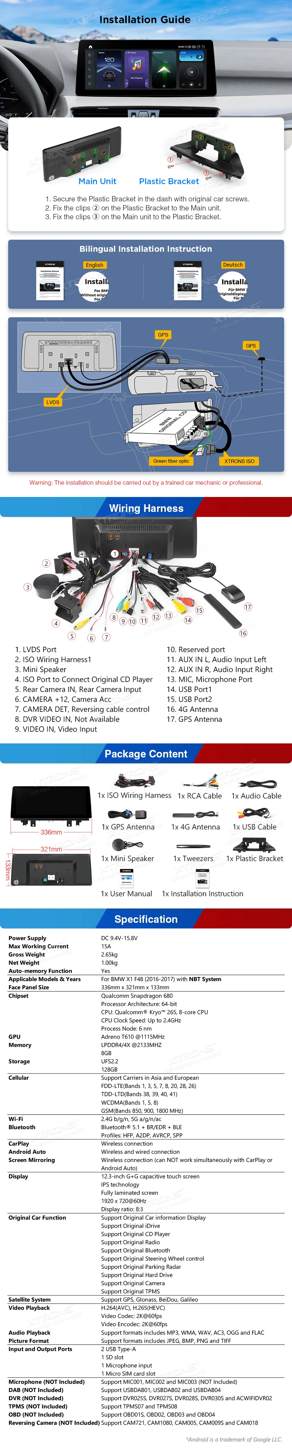 BMW X1 F48 NBT | Android 14 | 12.3 inch | 8GB/128GB/8Core Snapdragon 680 | Multimedija Xtrons QGB24NB12X1N