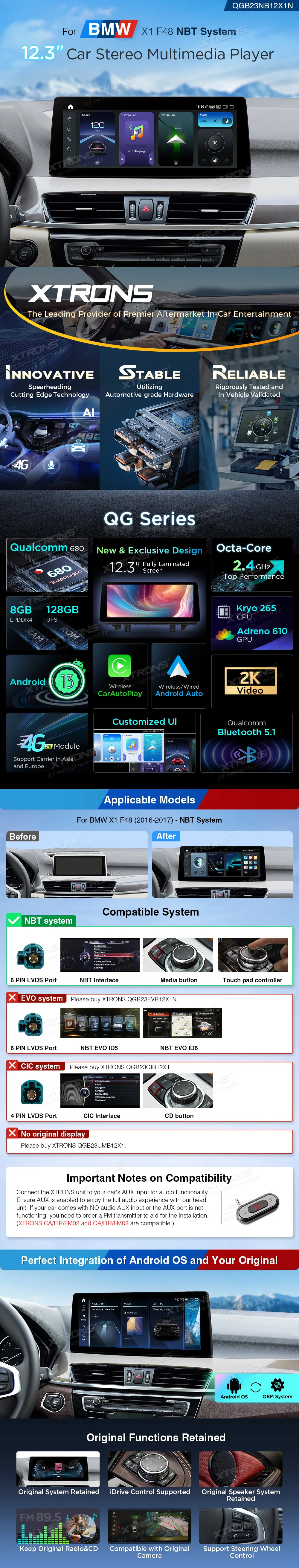 BMW X1 F48 NBT | Android 14 | 12.3 inch | 8GB/128GB/8Core Snapdragon 680 | Multimedija Xtrons QGB24NB12X1N