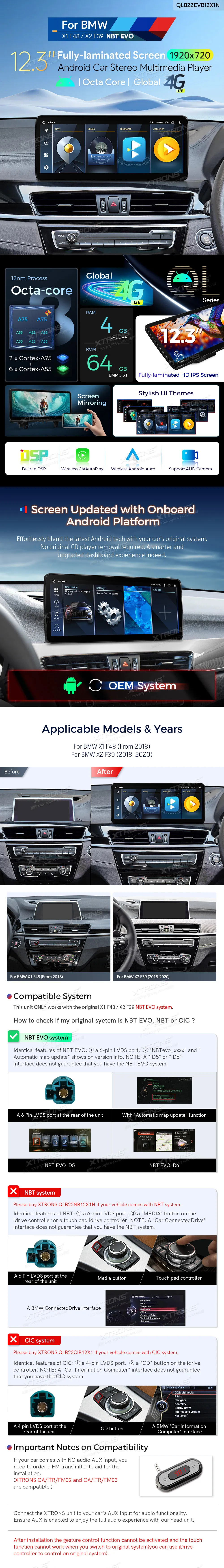 BMW X1 F48 / X2 F39 EVO | Android 14 | 12.3 inch | 8GB/128GB/8Core | Multimedija Xtrons QLB22EVB12X1N