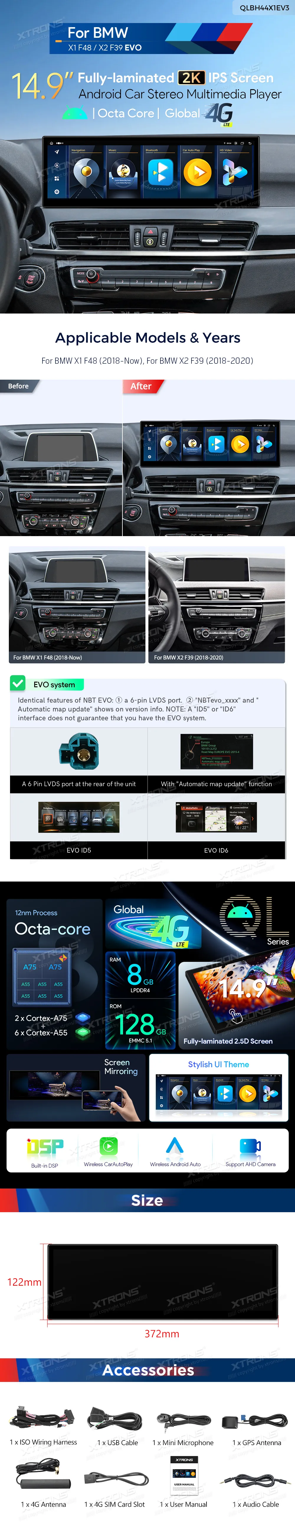 BMW X1 F48 / X2 F39 EVO | Android OS | 14.9 inch | 8GB/128GB/8Core | Multimedija Xtrons QLBH44X1EV3