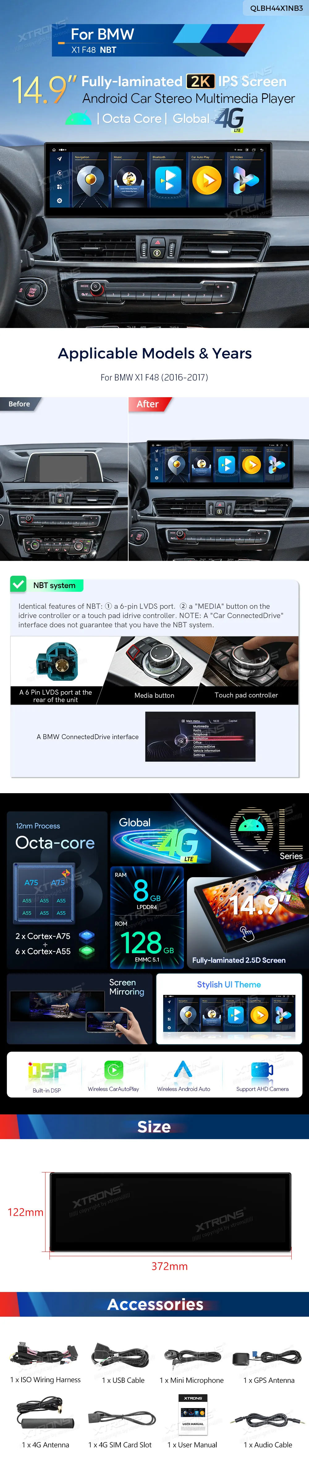 BMW X1 F48 NBT | Android OS | 14.9 inch | 8GB/128GB/8Core | Multimedija Xtrons QLBH44X1NB3