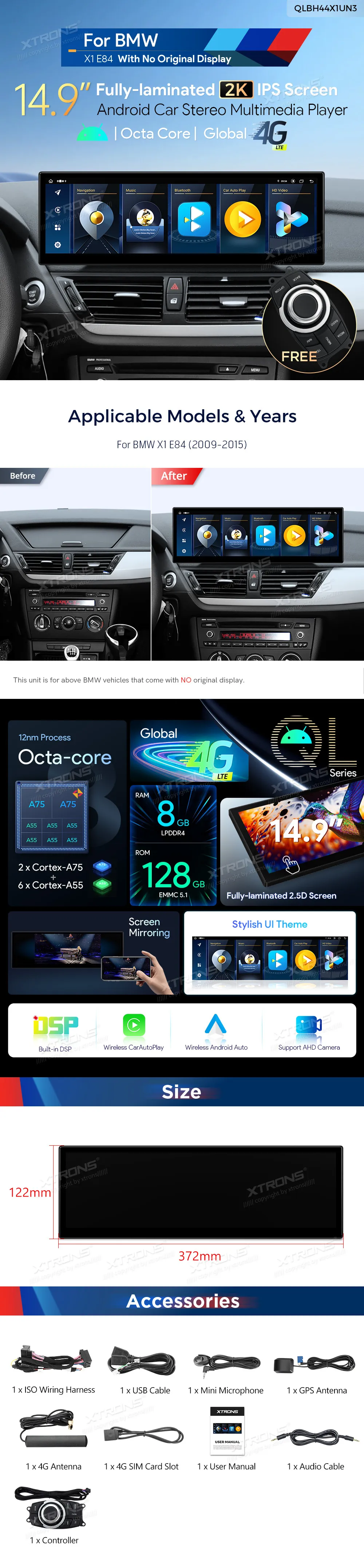 BMW X1 E84 be ekrano | Android OS | 14.9 inch | 8GB/128GB/8Core | Multimedija Xtrons QLBH44X1UN3