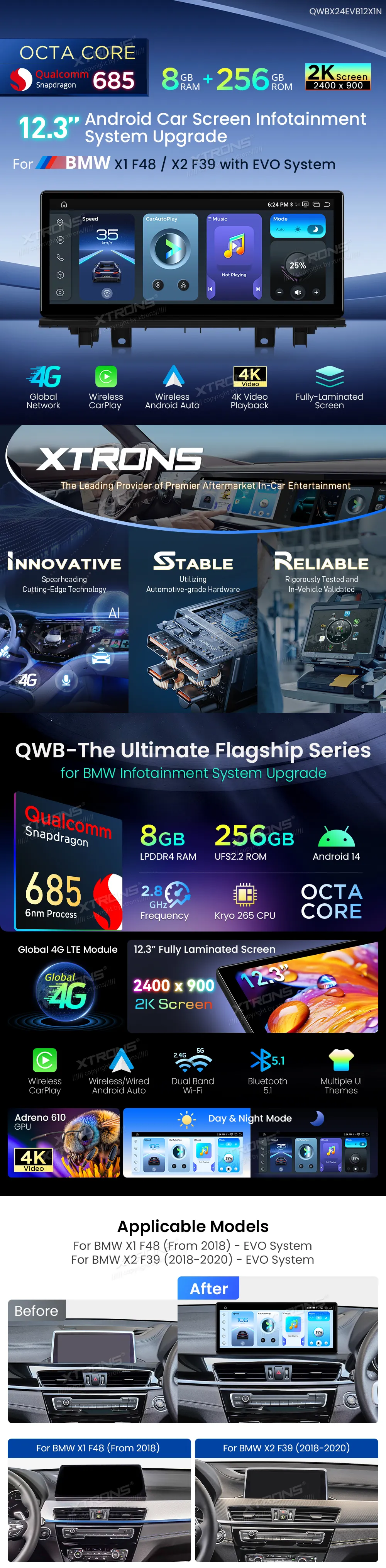 BMW X1 F48 / X2 F39 EVO | Android 14 | 12.3 inch | 8GB/256GB/8Core Snapdragon 685 | Multimedija Xtrons QWBX24EVB12X1N