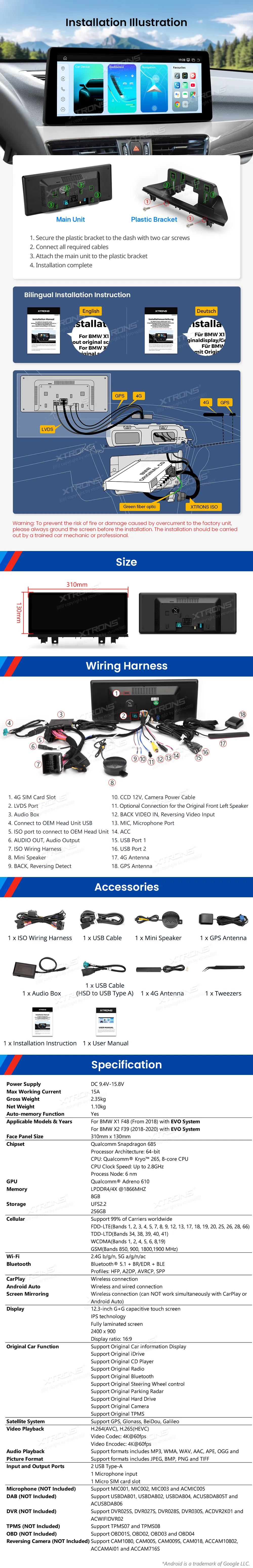 BMW X1 F48 / X2 F39 EVO | Android 14 | 12.3 inch | 8GB/256GB/8Core Snapdragon 685 | Multimedija Xtrons QWBX24EVB12X1N