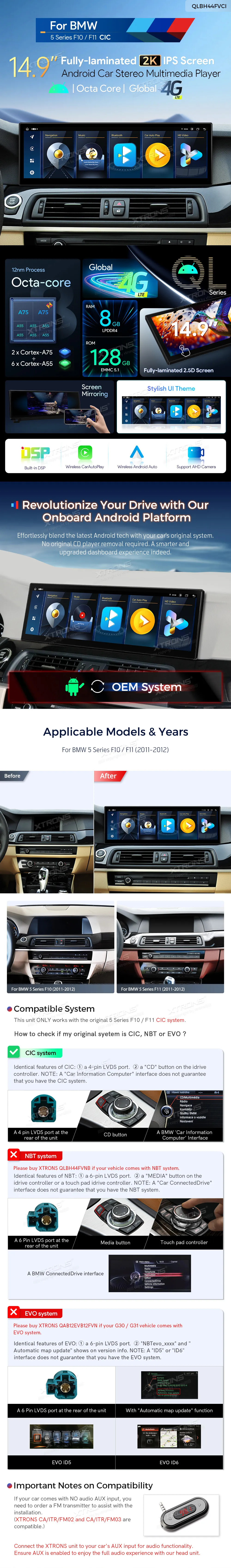 BMW 5 F10 F11 CIC | Android 14 | 14.9 inch | 8GB/128GB/8Core | Multimedija Xtrons QLBH44FVCI