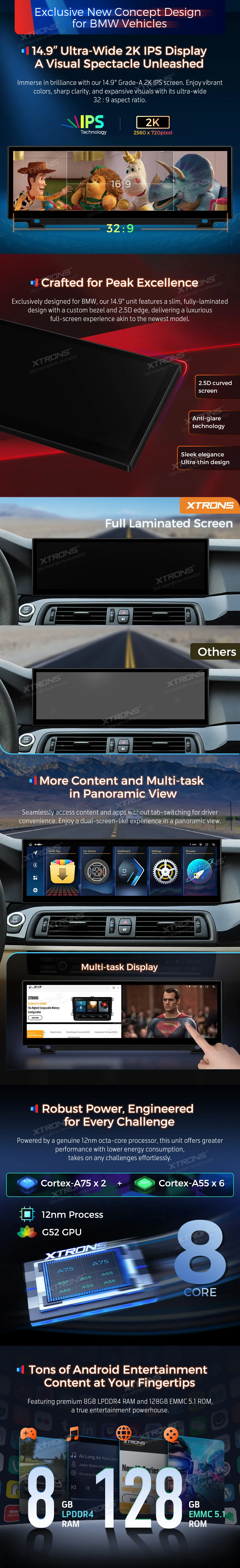 BMW 5 F10 F11 CIC | Android 14 | 14.9 inch | 8GB/128GB/8Core | Multimedija Xtrons QLBH44FVCI