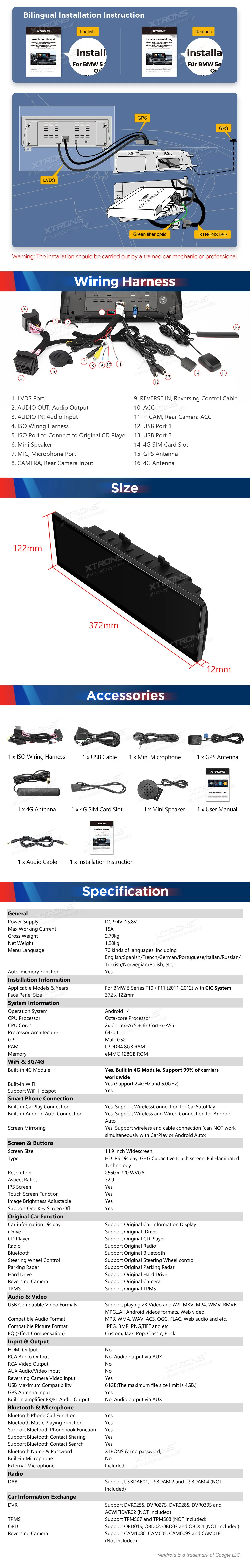 BMW 5 F10 F11 CIC | Android 14 | 14.9 inch | 8GB/128GB/8Core | Multimedija Xtrons QLBH44FVCI