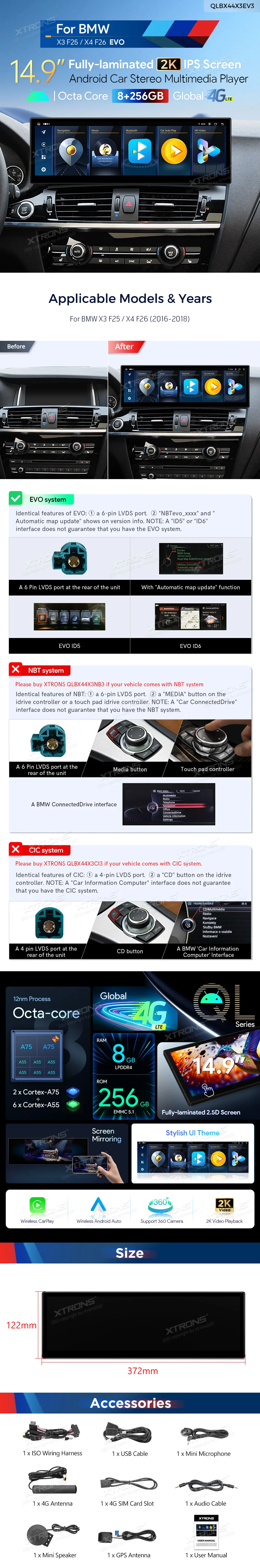 BMW X3 F25 / X4 F26 EVO | Android OS | 14.9 inch | 8GB/256GB/8Core | Multimedija Xtrons QLBX44X3EV3