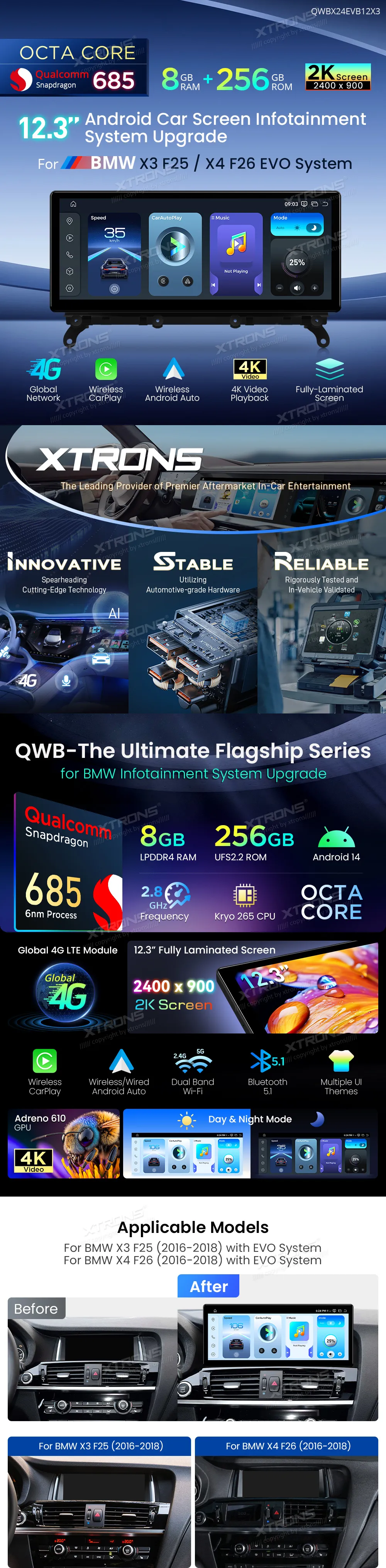 BMW X3 F25 / X4 F26 EVO | Android 14 | 12.3 inch | 8GB/256GB/8Core Snapdragon 685 | Multimedija Xtrons QWBX24EVB12X3