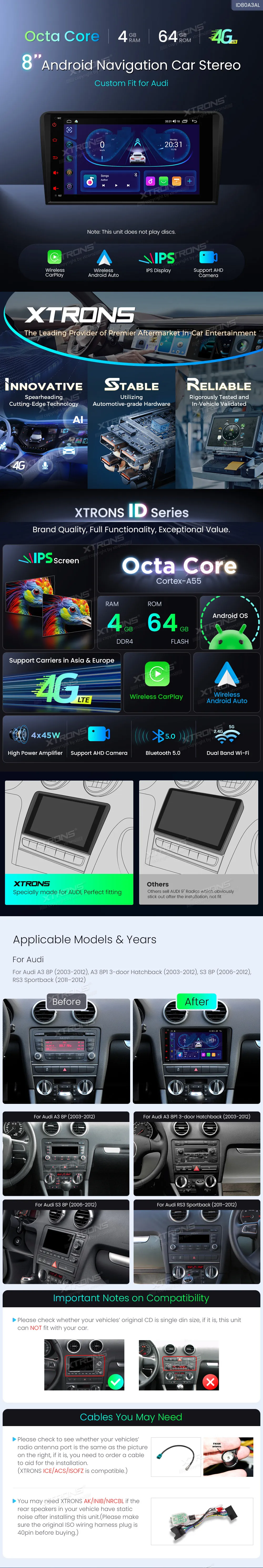 Audi A3 S3 RS3 | Android OS | 8 inch | 4GB/64GB/8Core | Multimedija Xtrons ID80A3AL