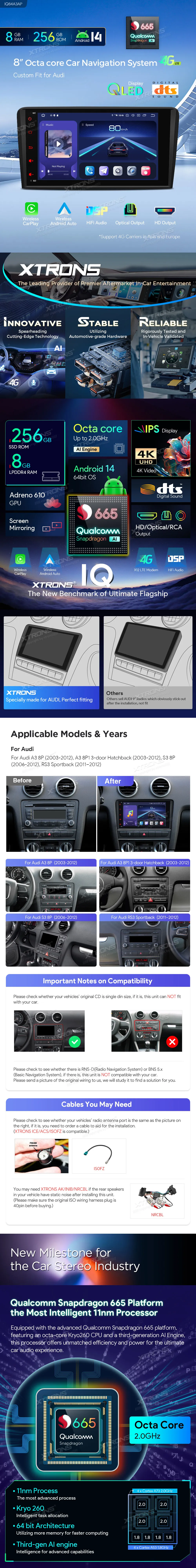 Audi A3 S3 RS3 | Android 14 | 8 inch QLED | 8GB/256GB/8Core Snapdragon 665  | Multimedija Xtrons IQ84A3AP