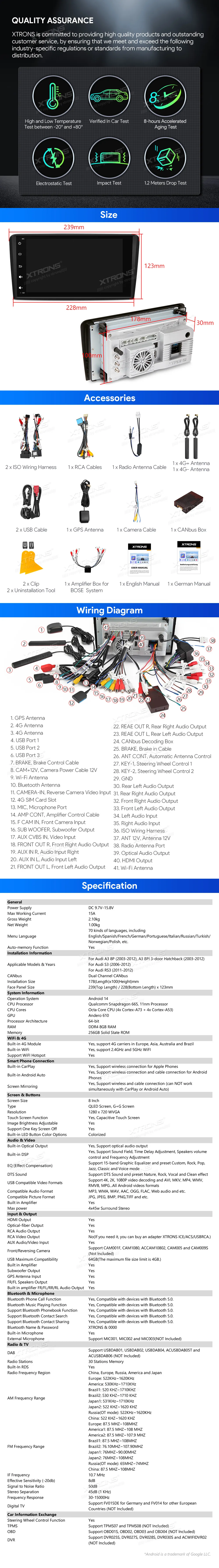 Audi A3 S3 RS3 | Android 14 | 8 inch QLED | 8GB/256GB/8Core Snapdragon 665  | Multimedija Xtrons IQ84A3AP