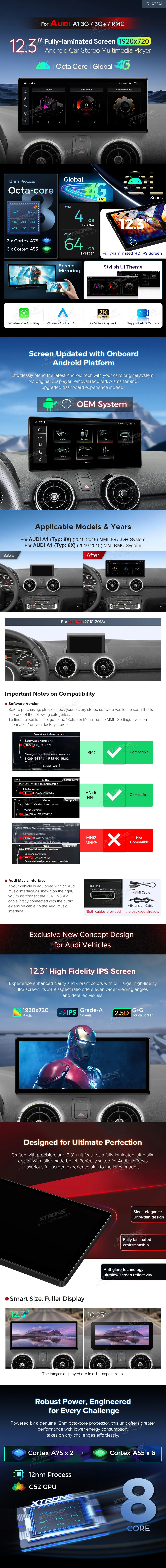 Audi A1 MMI 3G/3G+/RMC  | Android OS | 12.3 inch | 4GB/64GB/8Core | Multimedija Xtrons QLA23A1