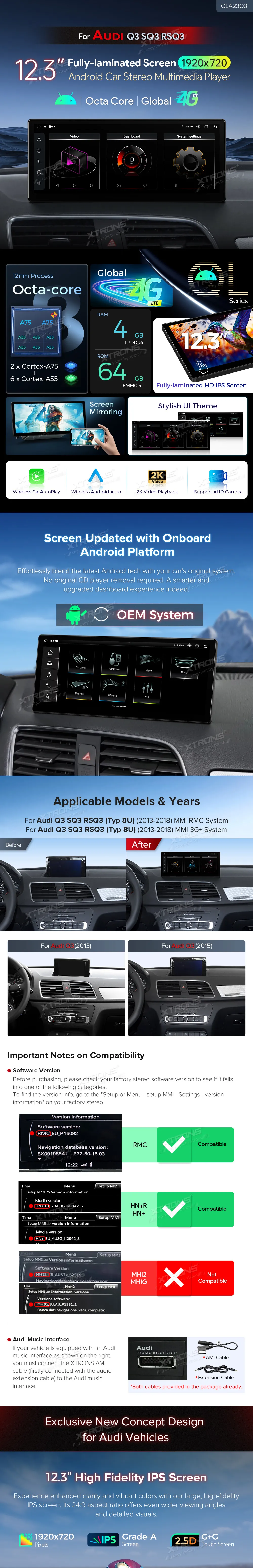 Audi Q3 MMI 3G+/RMC  | Android OS | 12.3 inch | 4GB/64GB/8Core | Multimedija Xtrons QLA23Q3