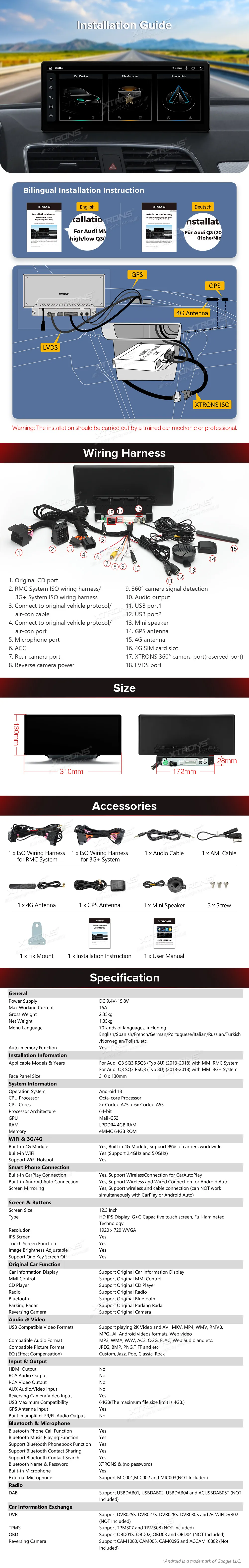Audi Q3 MMI 3G+/RMC  | Android OS | 12.3 inch | 4GB/64GB/8Core | Multimedija Xtrons QLA23Q3