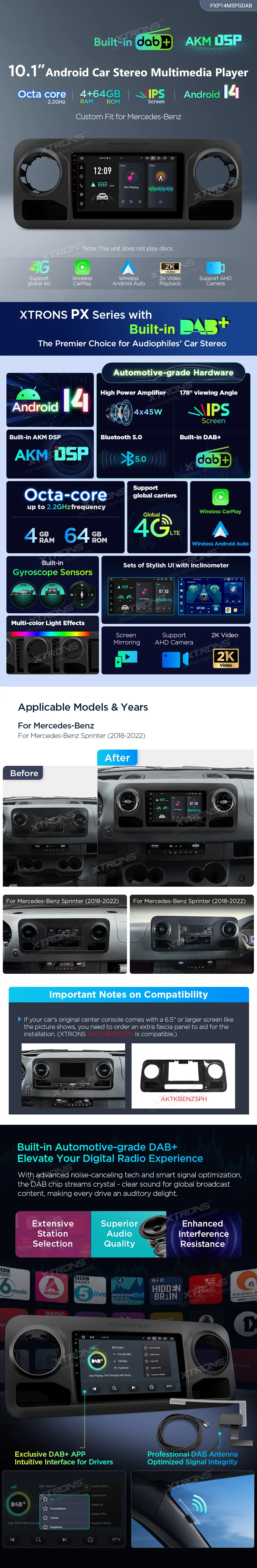 Mercedes-Benz Sprinter 2018-2022 | Android 14 | 10.1 inch | 4GB/64GB/8Core | Multimedija Xtrons PXP14MSPGDAB