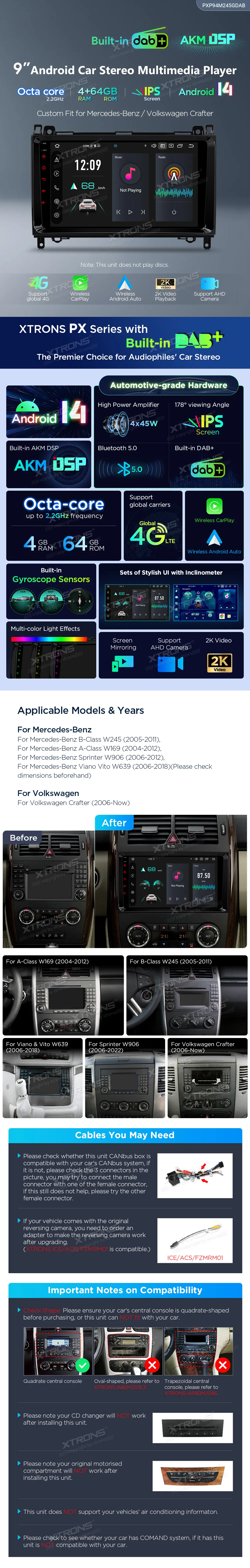 VW Crafter MB A / B / Vito / Sprinter | Android 14 | 9 inch | 4GB/64GB/8Core | Multimedija Xtrons PXP94M245GDAB