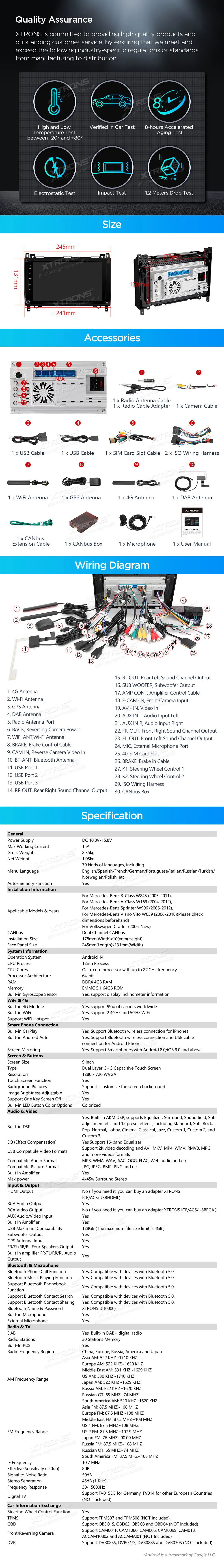 VW Crafter MB A / B / Vito / Sprinter | Android 14 | 9 inch | 4GB/64GB/8Core | Multimedija Xtrons PXP94M245GDAB