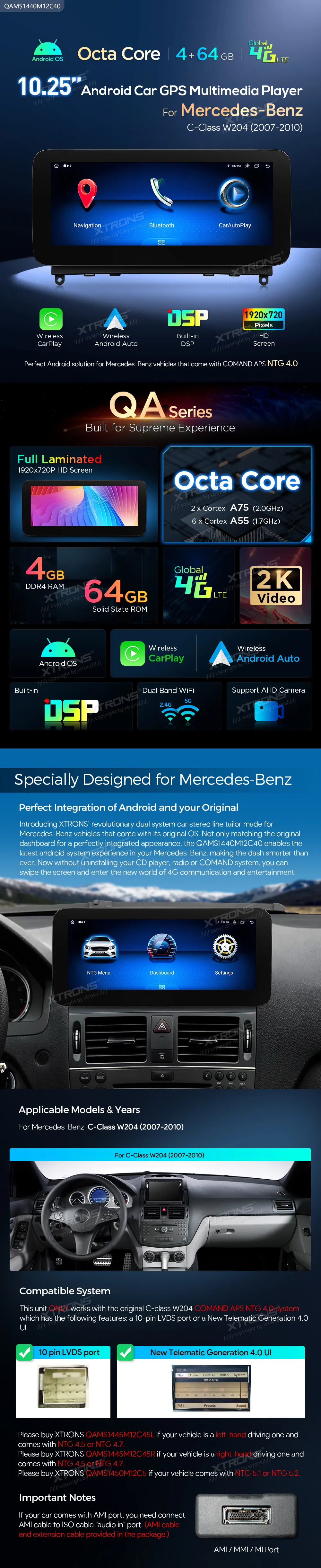 MB C W204 NTG 4.0 | Android OS | 10.25 inch | 4GB/64GB/8Core | Multimedija Xtrons QAMS1440M12C40