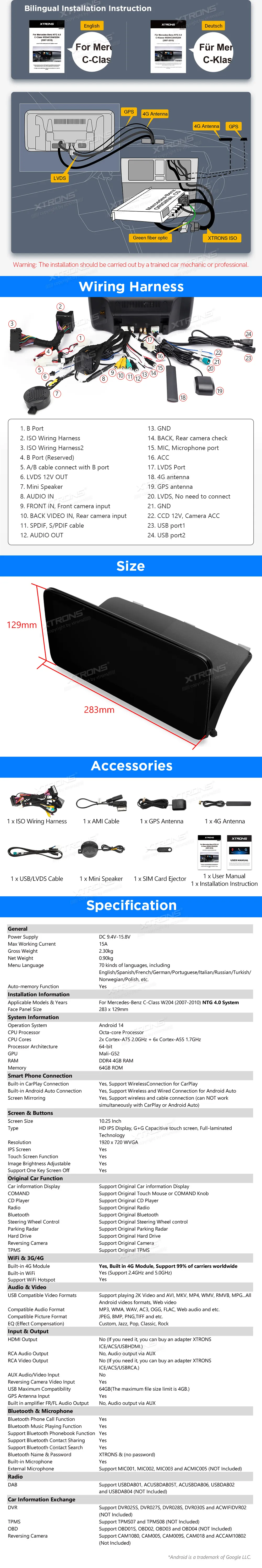 MB C W204 NTG 4.0 | Android OS | 10.25 inch | 4GB/64GB/8Core | Multimedija Xtrons QAMS1440M12C40