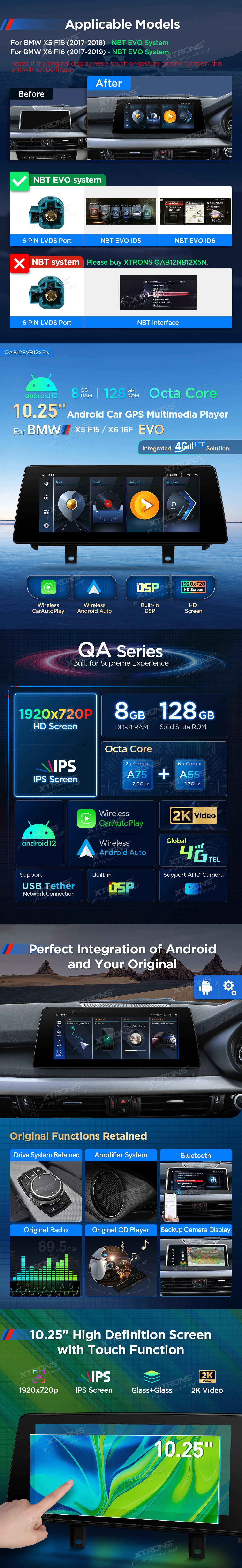 BMW X5 F15 X6 F16 NBT EVO ANDROID 12 10.25 COLIŲ MULTIMEDIJA XTRONS