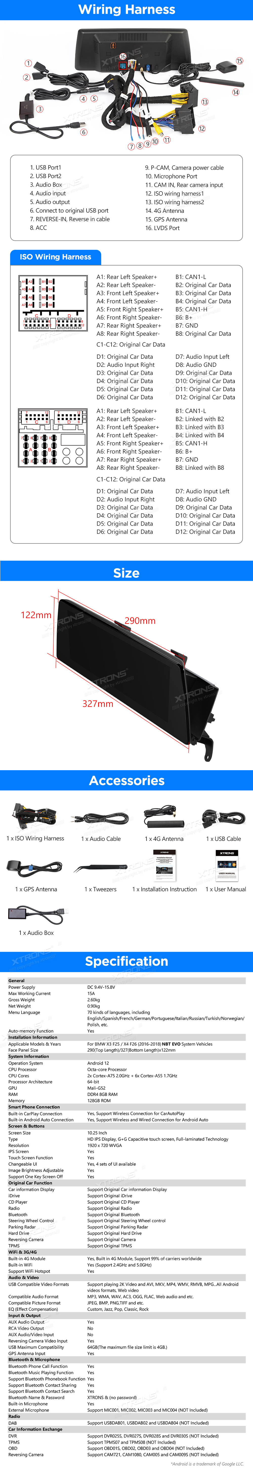 BMW X3/X4 F25/F26 NBT EVO ANDROID 12 10.25 COLIŲ MULTIMEDIJA XTRONS